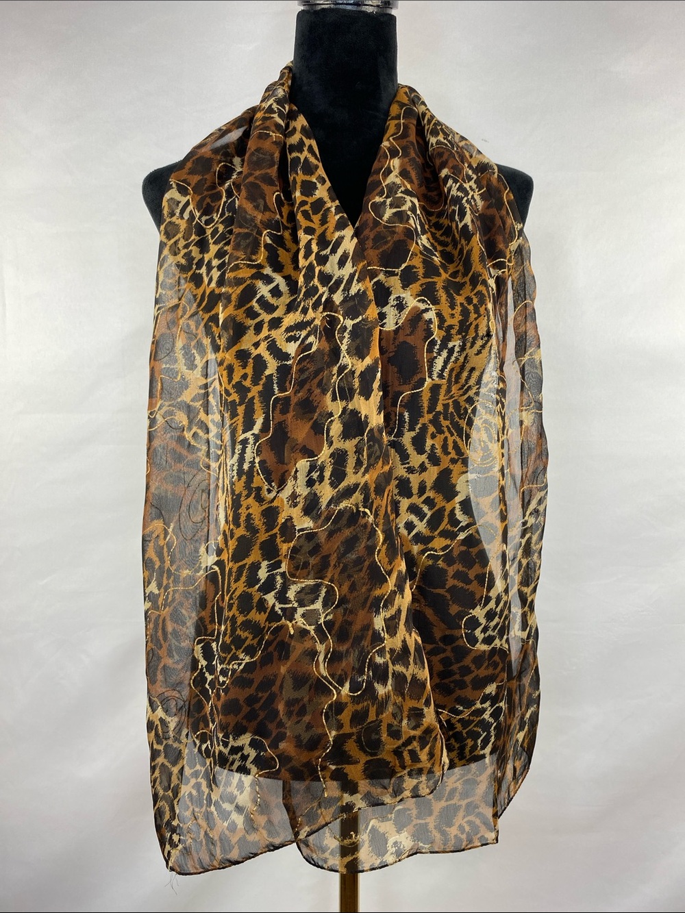 Y2K Leopard Print Sheer Chiffon Scarf Metallic Gold Swirl Art 62”X 13.5”